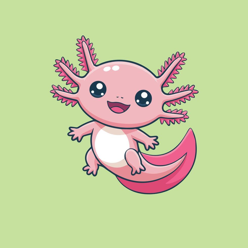 Cute kawaii baby axolotl with pink body, white belly, navy blue eyes, and bright pink spiky fins. Floating with curled tail on a solid light green background. Simple, cheerful style with clean lines vector