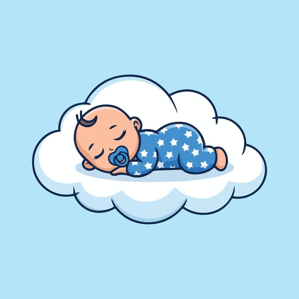 Cute cartoon baby sleeping on a fluffy white cloud with blue pacifier and starry onesie. Peaceful minimalist art on a light blue background, perfect for nursery designs. vector