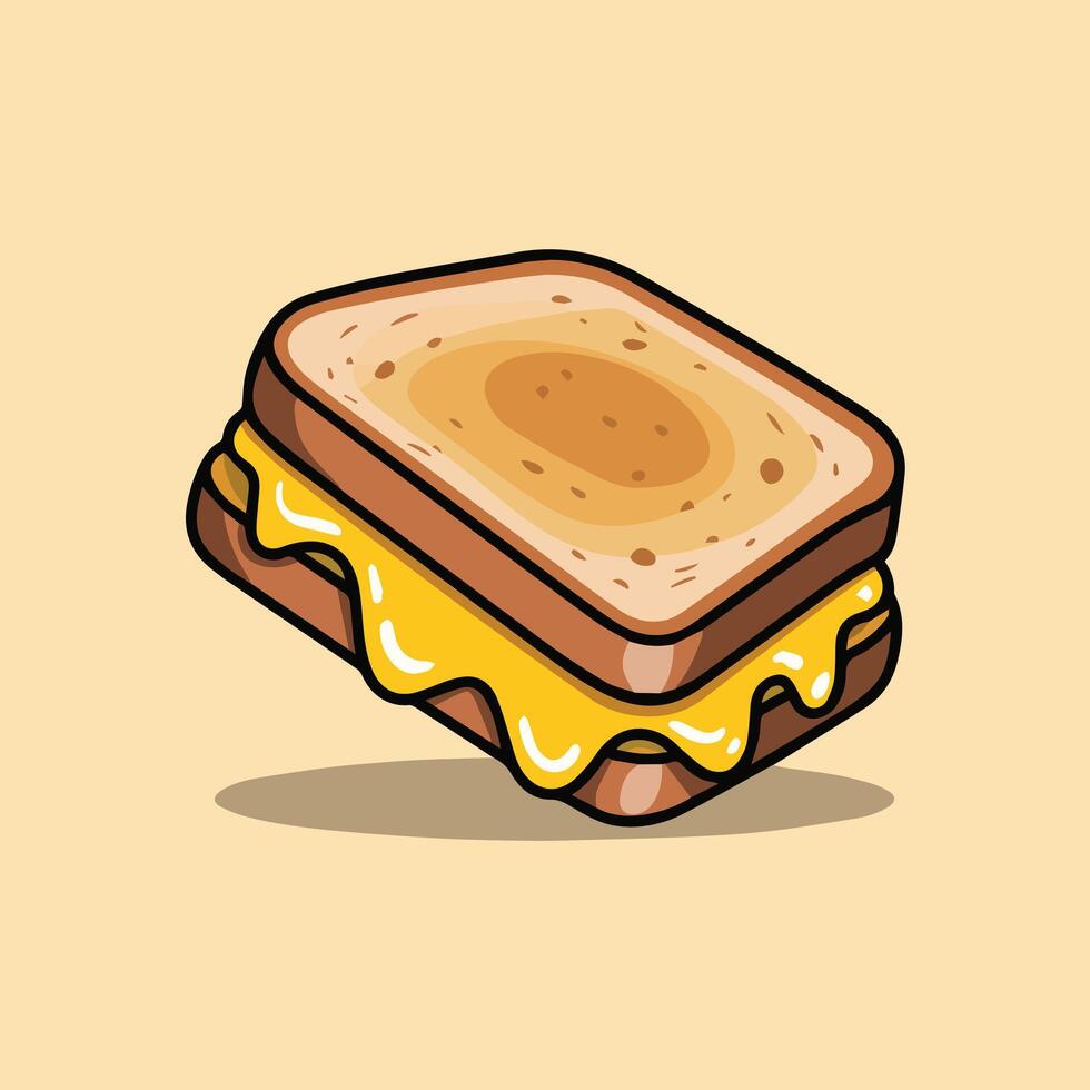 Cute kawaii grilled cheese sandwich with melty yellow cheese and golden bread Simple lines, beige background, floating style perfect for food icons or kids graphics vector
