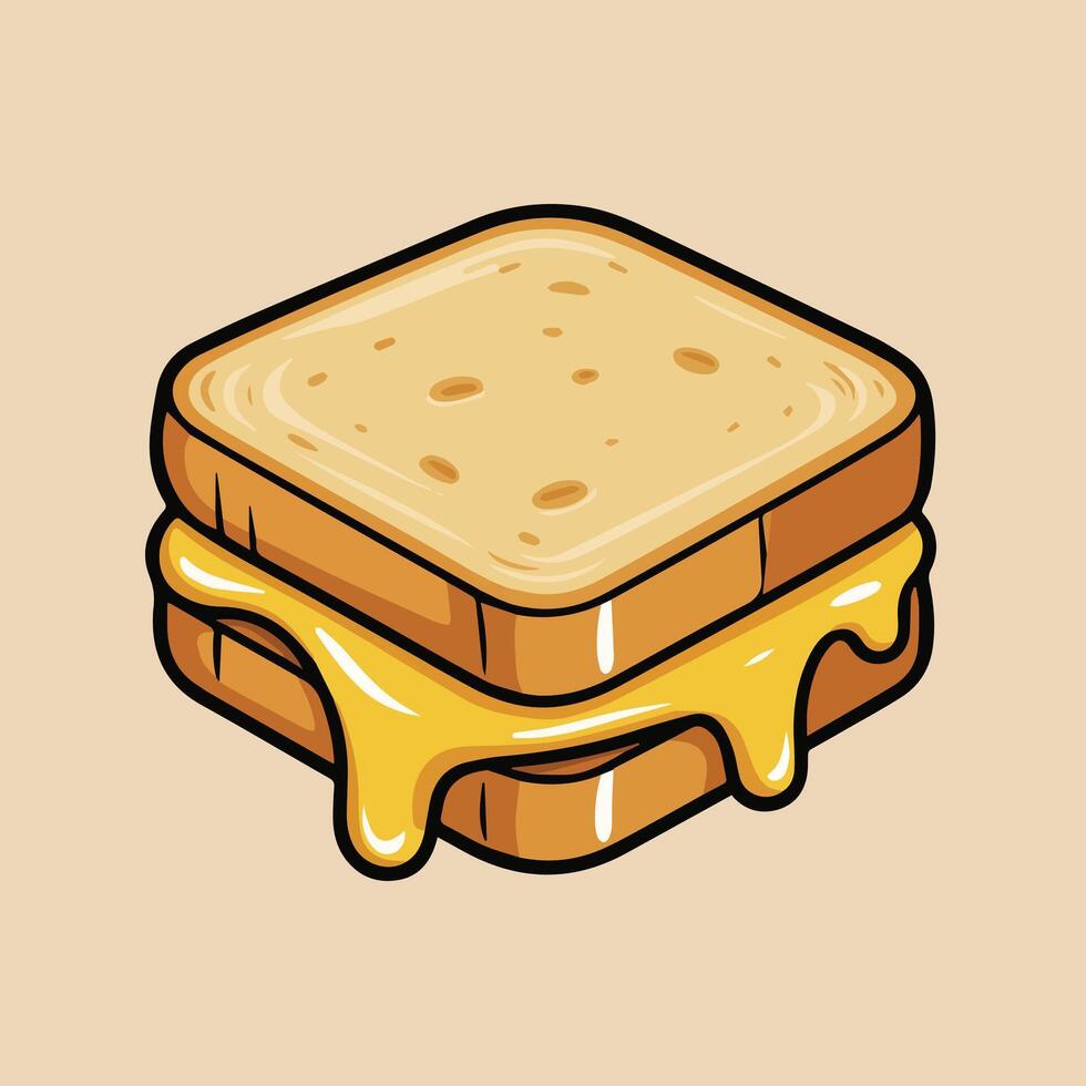 Cute kawaii grilled cheese sandwich with melty yellow cheese and golden bread. Simple lines, beige background, floating style perfect for food icons or kids graphics. vector