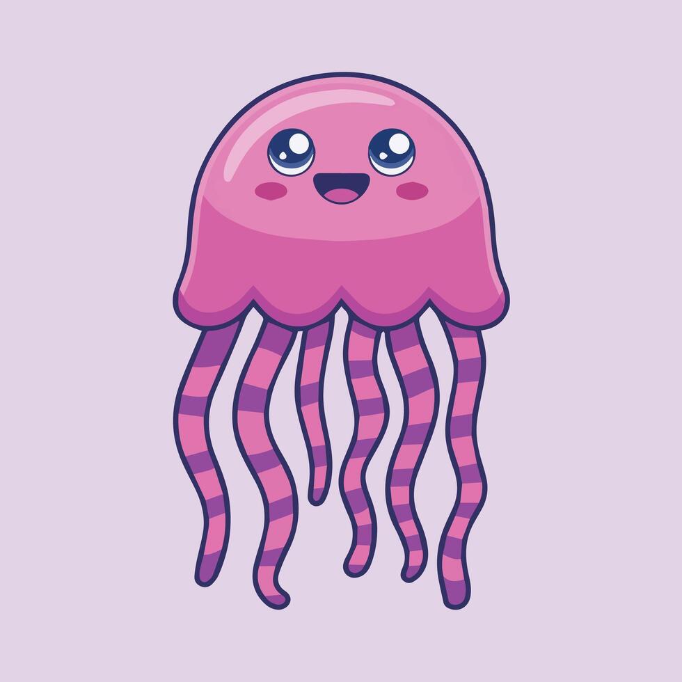 Cute pink jellyfish cartoon with big blue eyes, smiling face, and flowing striped tentacles. Kawaii-style illustration on a solid light purple background with clean lines. vector