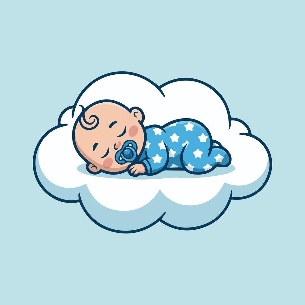 Cute cartoon baby sleeping fluffy white cloud with blue pacifier and starry onesie. Peaceful minimalist art on a light blue background, perfect for nursery designs. vector