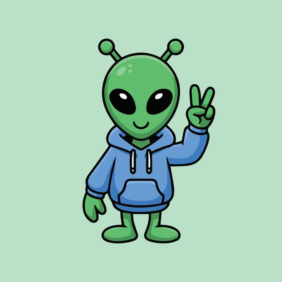 Cute cartoon alien in a blue hoodie making a peace sign Minimalist green character with big eyes on a mint background Fun kawaii design perfect for kids and stickers vector