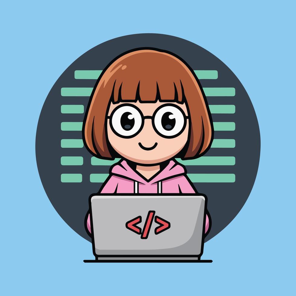 Cute chibi-style cartoon of a female programmer with short brown hair, glasses, and pink hoodie, coding on a silver laptop. Modern tech art with coding background. vector