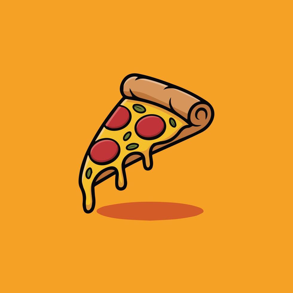Cute cartoon pepperoni pizza slice floating orange background. Melty cheese, basil, and clean lines in a warm, simple style. Perfect for food, kids, and sticker art. vector