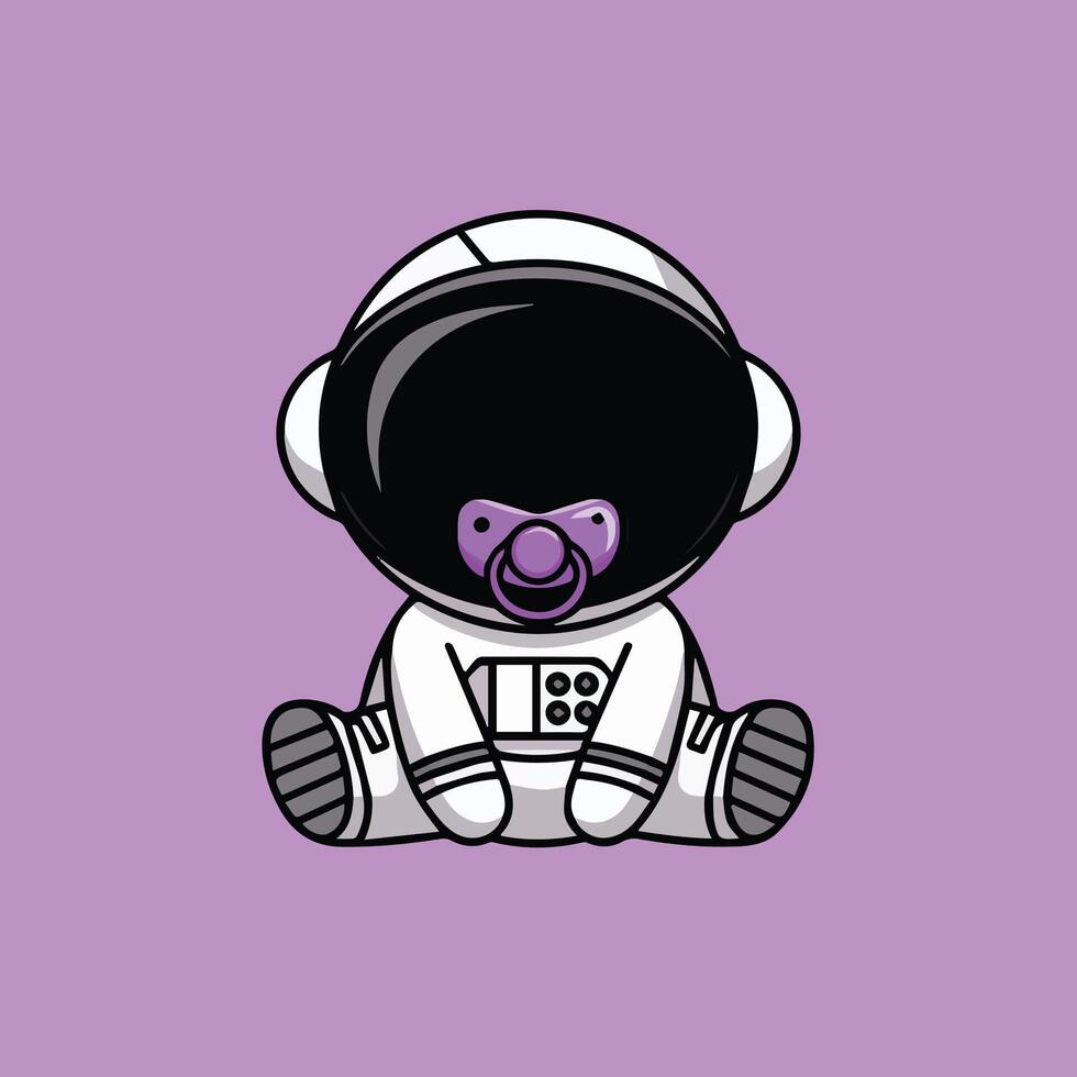 Cute cartoon baby astronaut in white spacesuit with black helmet and purple pacifier, sitting on a solid purple background. Chibi style with clean lines and minimalist design. vector