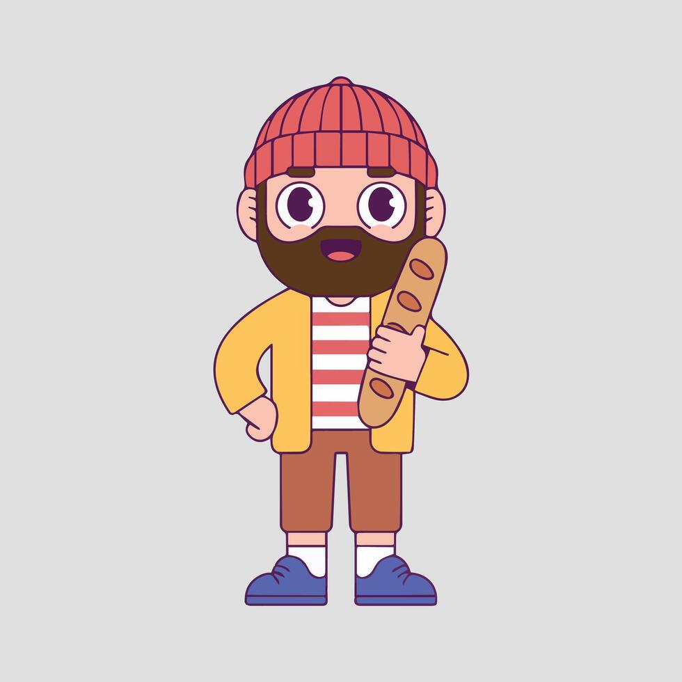 Cute minimalist French baker wearing a red-orange striped beanie and yellow jacket, holding a baguette with a cheerful expression, set against a light gray background vector