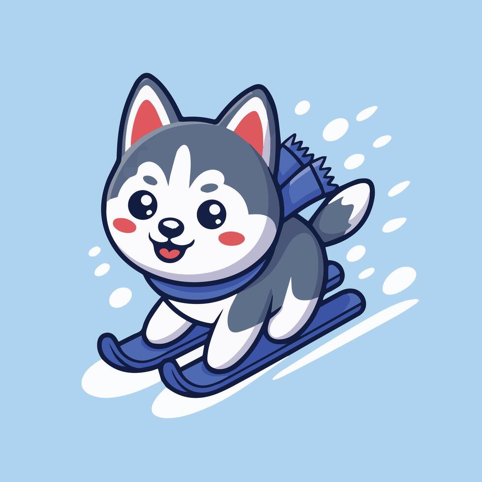 Adorable cartoon Husky skiing dynamically with a blue scarf and blue skis on a solid light blue background Kawaii style with expressive eyes, gray fur, and cheerful smile vector