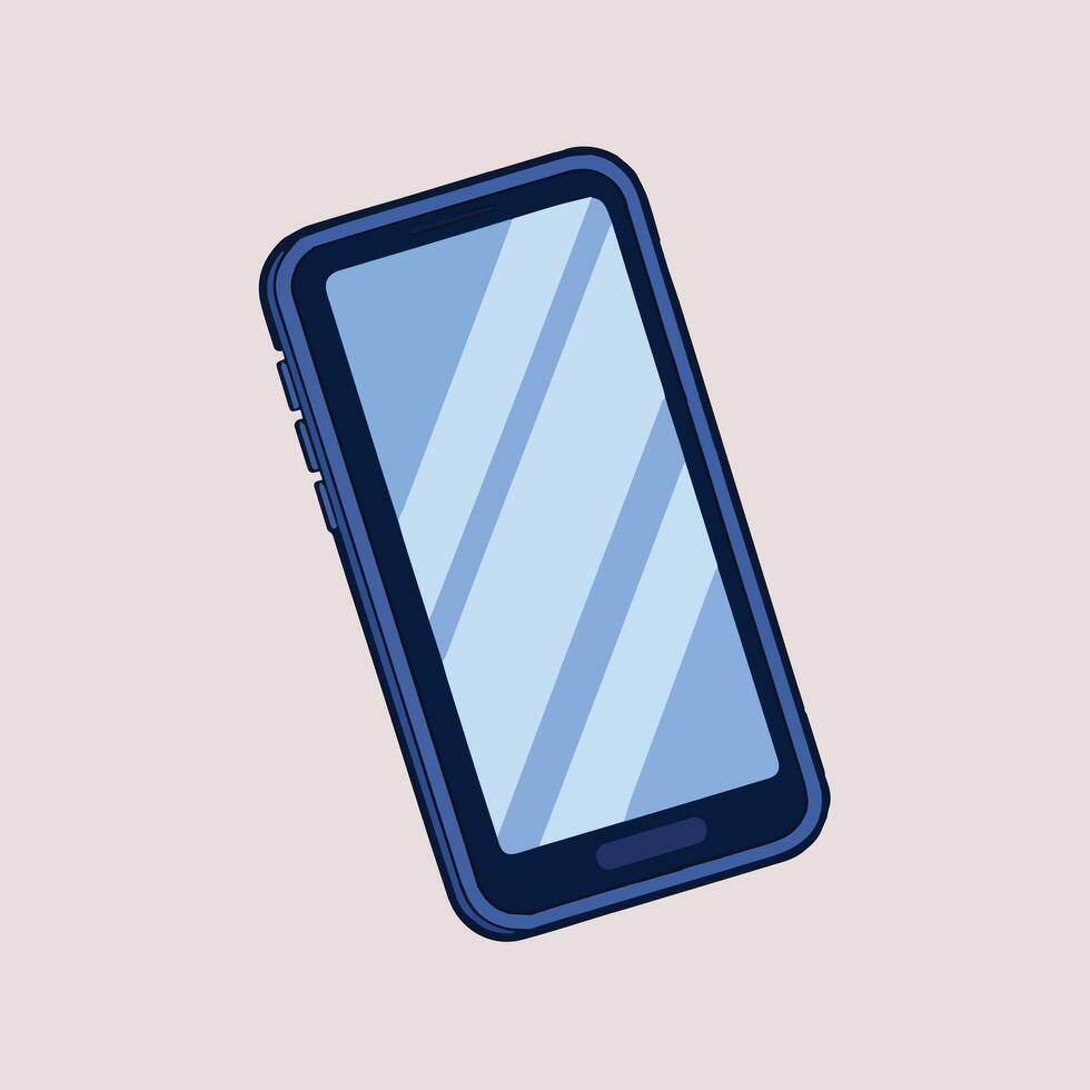 Minimalist dark navy blue smartphone illustration with light blue striped screen, floating at an angle on a light pink background. Flat design with clean lines and no texture. vector