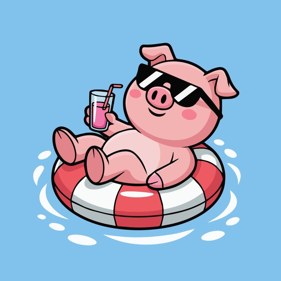 Cute chibi-style pink pig lounging on a red and white inner tube, wearing black sunglasses and holding pink punch, floating on water with a light blue background. vector