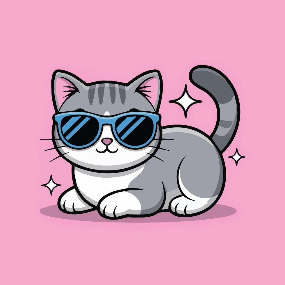 Cute gray and white cartoon cat wearing blue sunglasses, lying relaxed on a solid pink background Kawaii-style illustration with sparkles and clean, simple lines vector