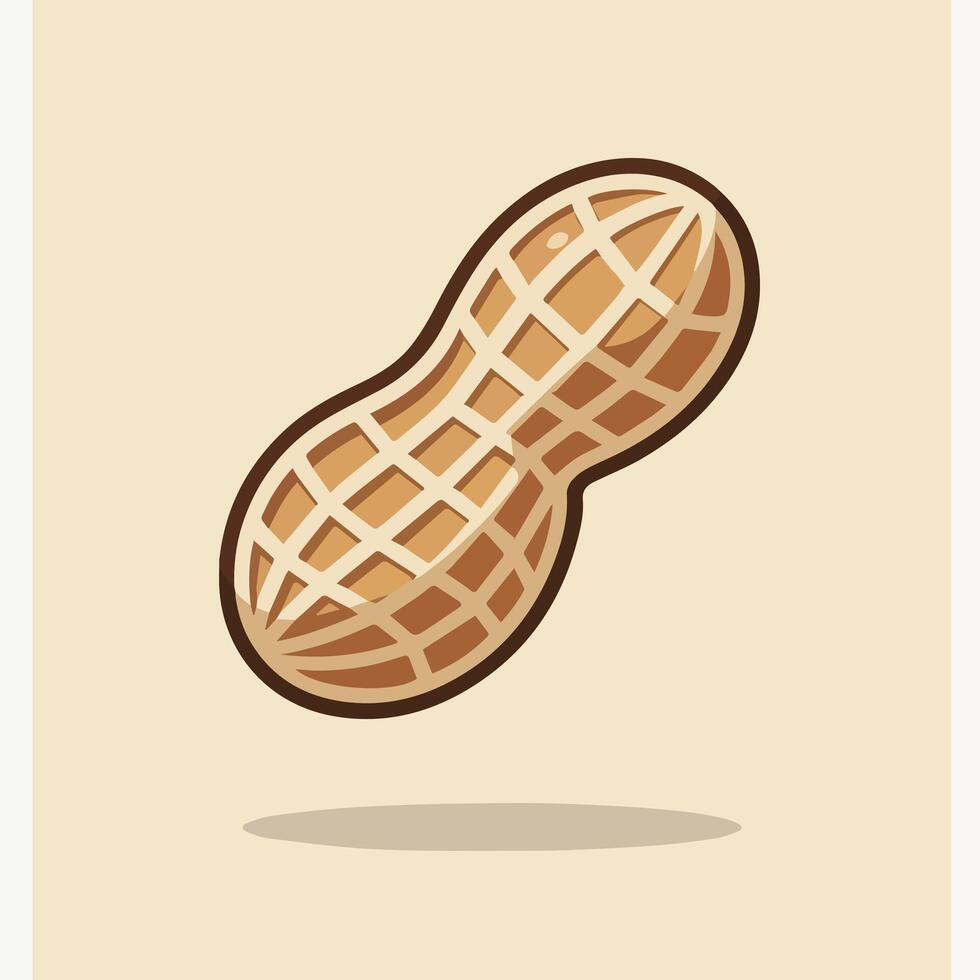 Minimalist cartoon of a shelled peanut with tan checkered texture and brown outline Floating on a light beige background with soft shadow Clean and simple food icon vector