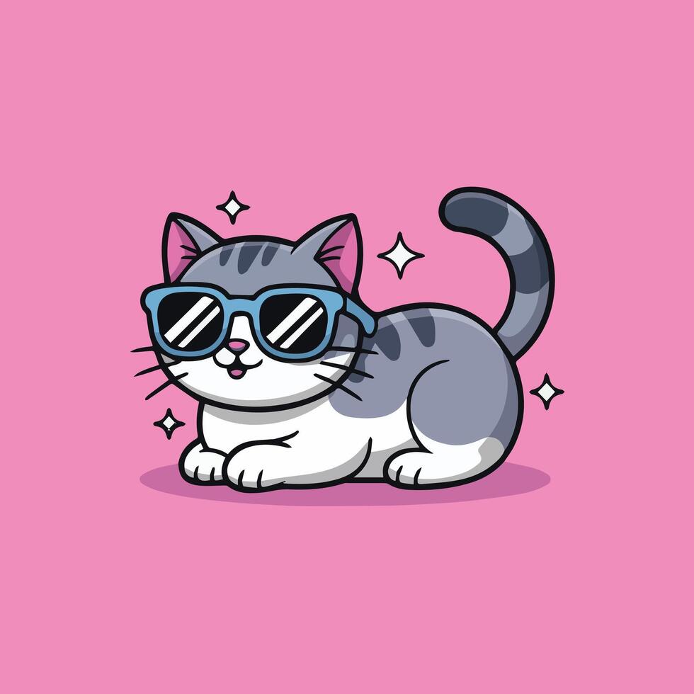 Cute gray and white cartoon cat wearing blue sunglasses, lying relaxed on a solid pink background. Kawaii-style illustration with sparkles and clean, simple lines. vector