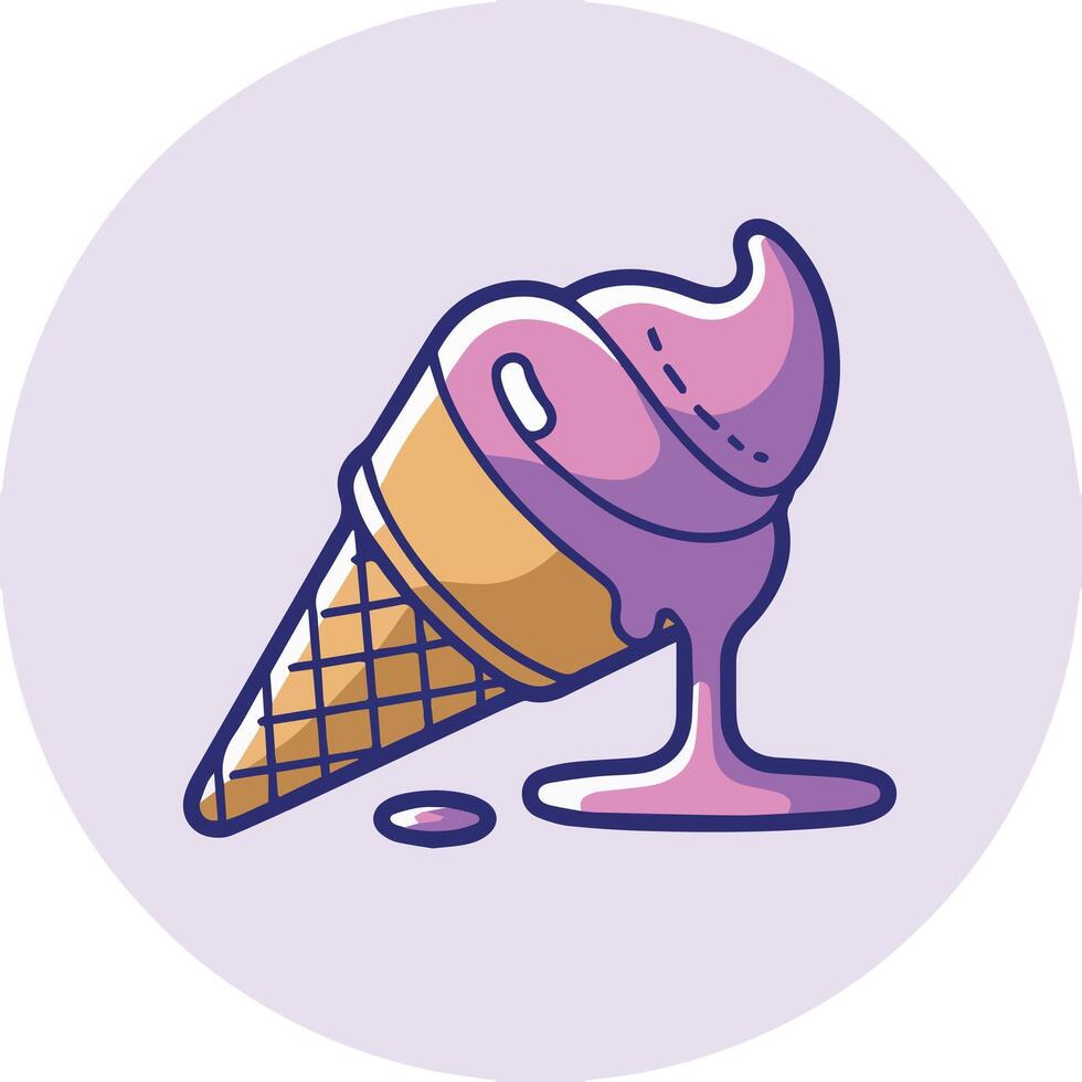 Melting pink-purple ice cream in waffle cone with blue outline, dripping inside a light purple circle. Minimalist cartoon perfect for summer designs and prints. vector