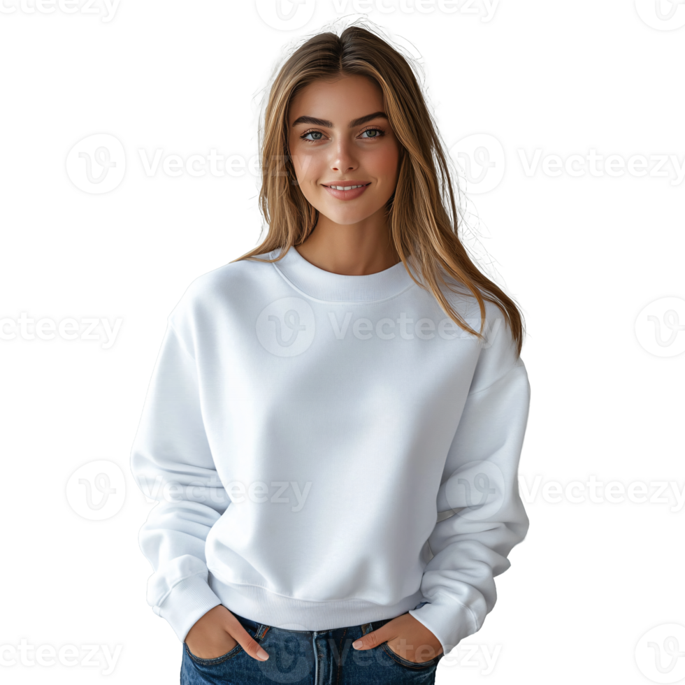 Casual look featuring a white sweatshirt and jeans png