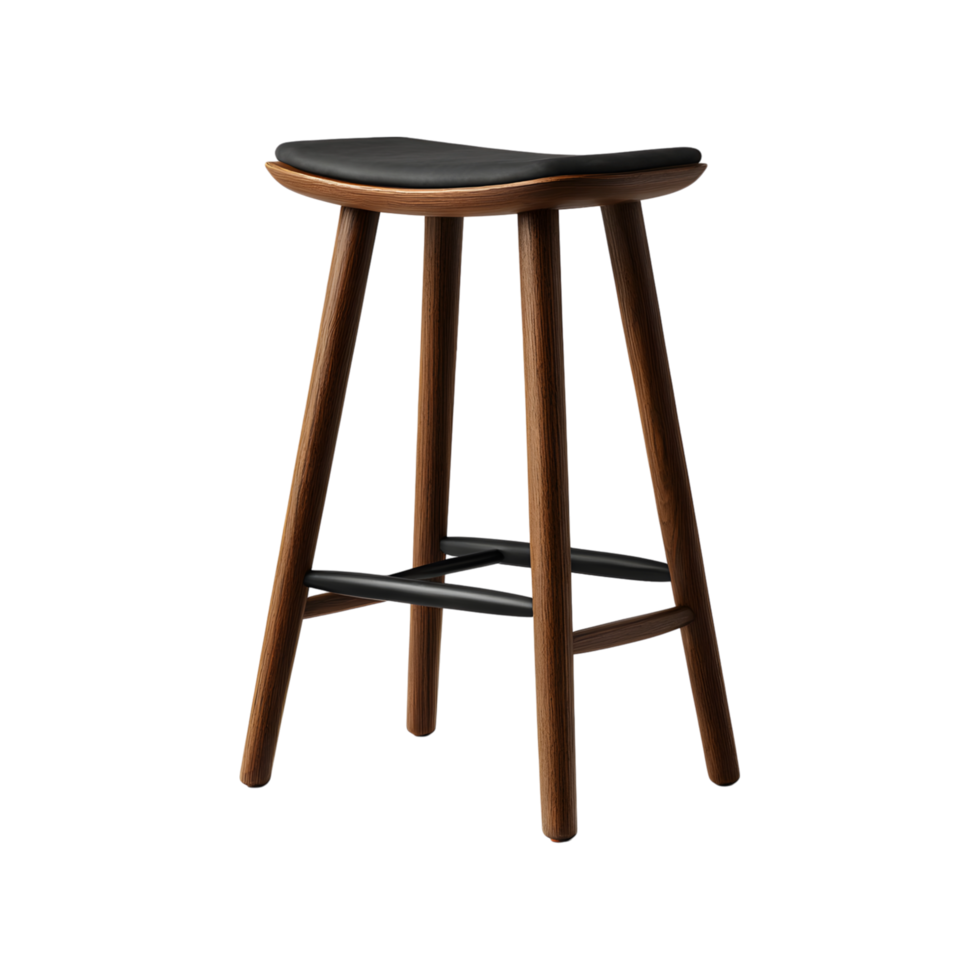 Modern Wooden Bar Stool with Black Leather Seat Mid Century Design Home Furniture png