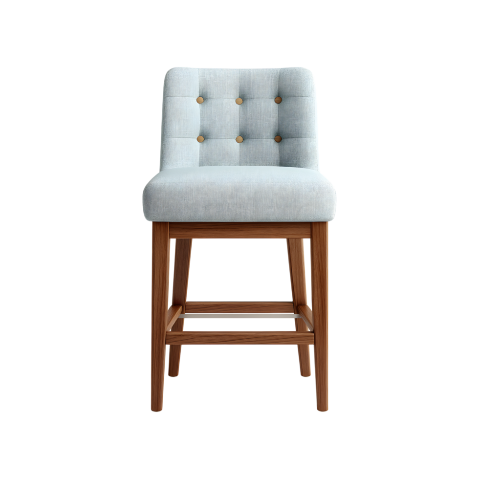 Modern Light Blue Upholstered Bar Stool with Wooden Legs Button Tufted Design Contemporary Furniture png