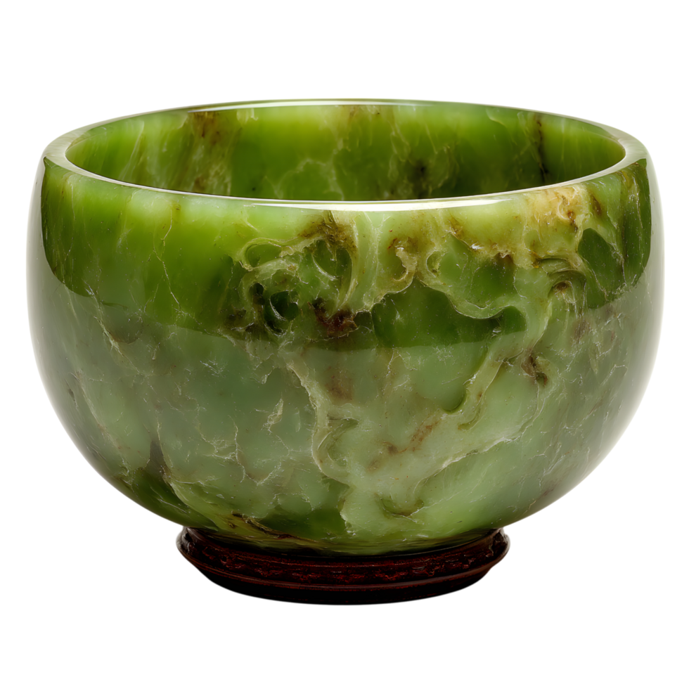 Elegant Green Nephrite Jade Bowl Intricate Marble Pattern Polished Surface Asian Craftsmanship png