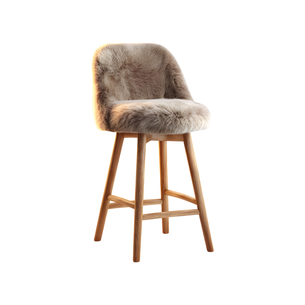 Modern Wooden Bar Stool with Luxurious Faux Fur Seat for Home or Bar Decor png