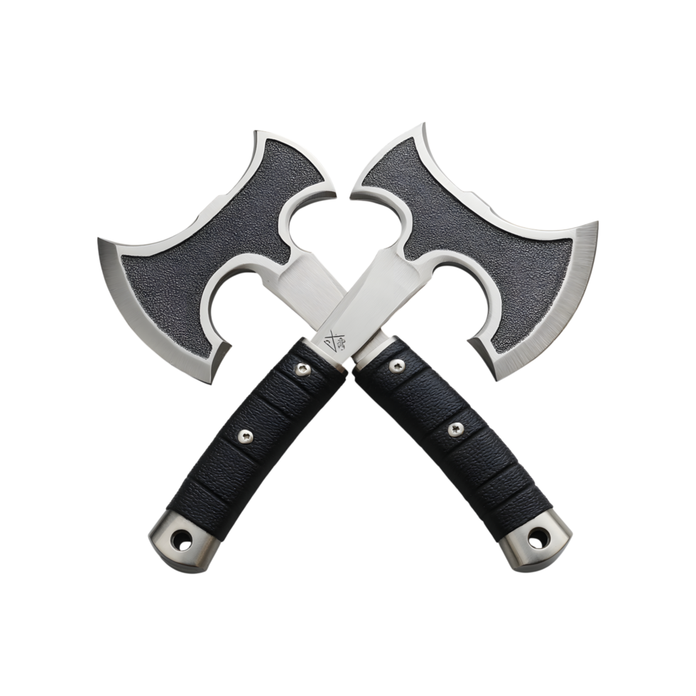 Crossed Hatchets Double Bit Axes Black Grips Sharp Blades Metal Weapons Hunting Tools Throwing Axes png