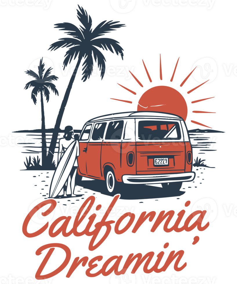 California Dreamin Surf Scene with Retro Van Sunset and Palm Trees Beach Illustration png