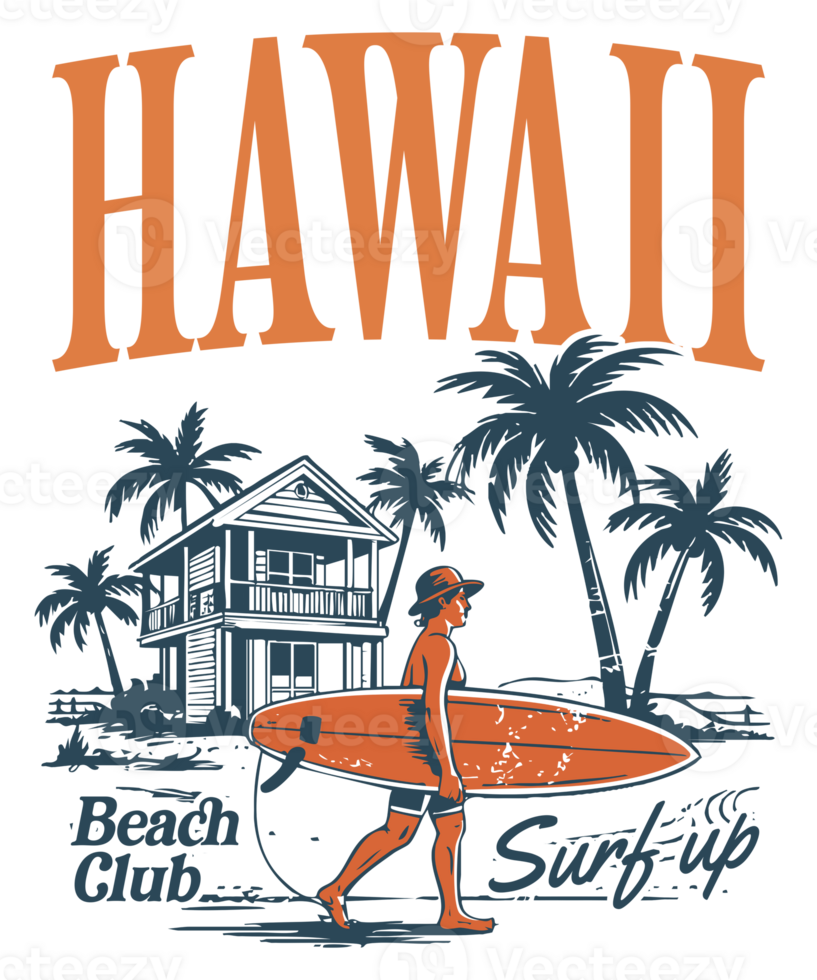 Hawaii Beach Club Surfer with Board Walking by Palm Trees and Tropical House png