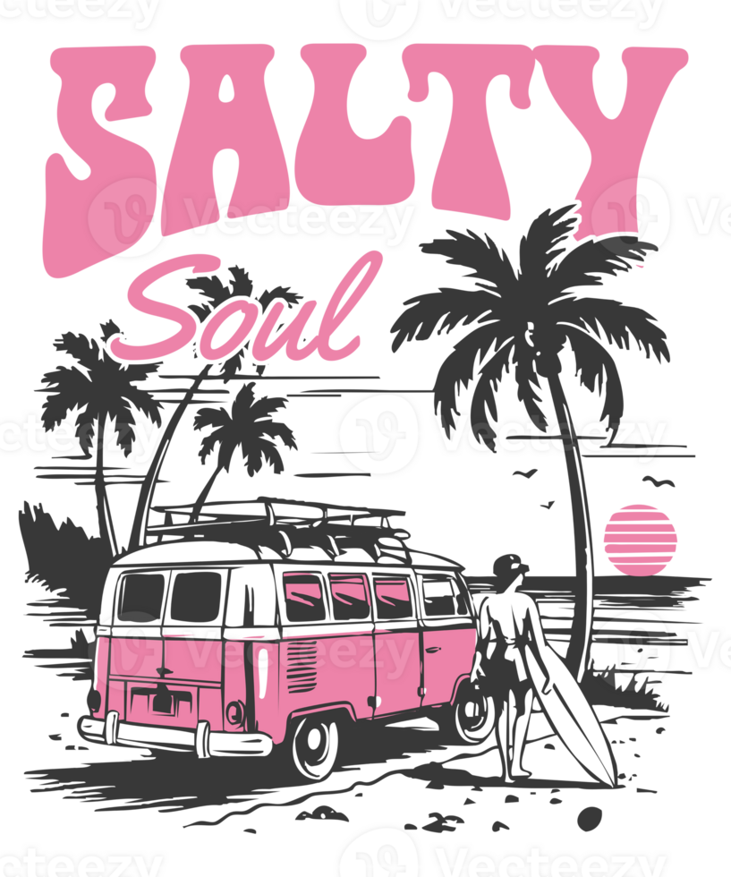 Salty Soul Surf Van and Surfer at Sunset with Palm Trees and Tropical Vibes png