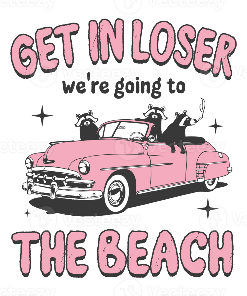 Funny Summer Raccoons in Pink Convertible Heading to the Beach Get in Looser png