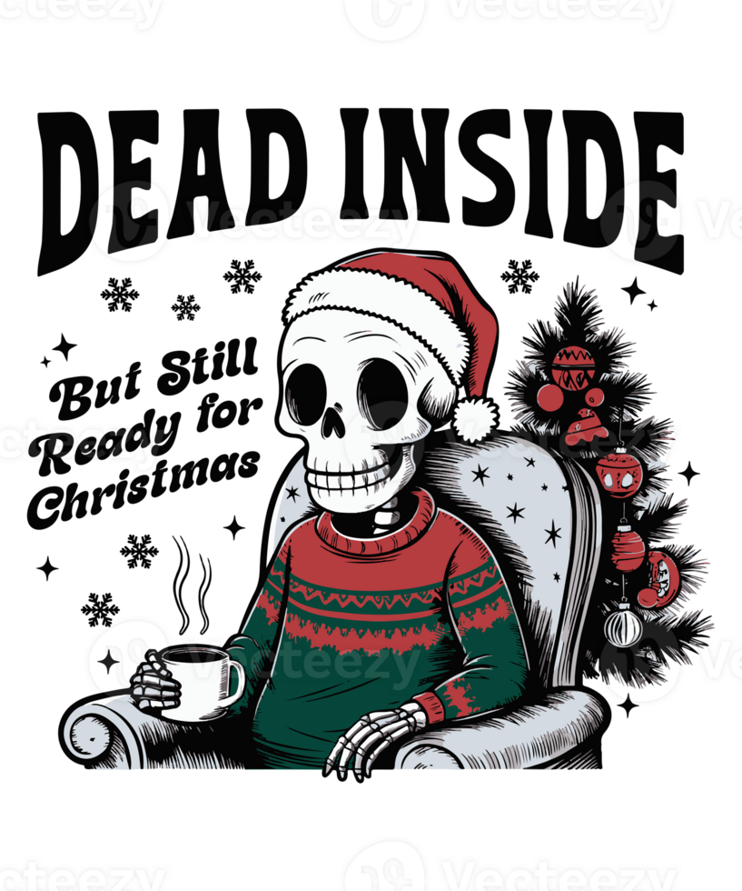 Dead Inside Skeleton in Santa Hat and Christmas Sweater Sitting with Coffee by Tree png