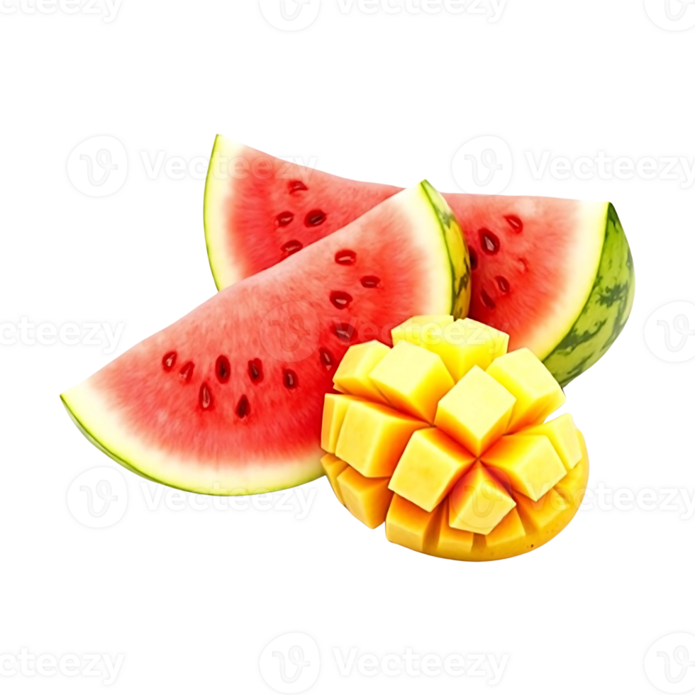 Refreshing summer fruits featuring slices of watermelon and a diced mango on transparent background png