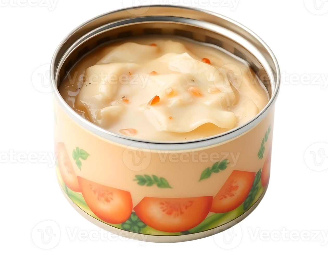Close-up of a canned ravioli meal with a tomato design png
