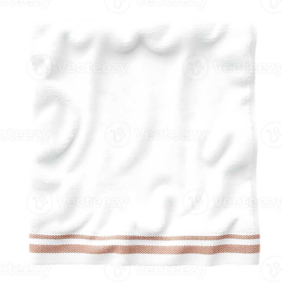 Close-up of a clean, white cotton towel with brown stripes, isolated on transparent background png