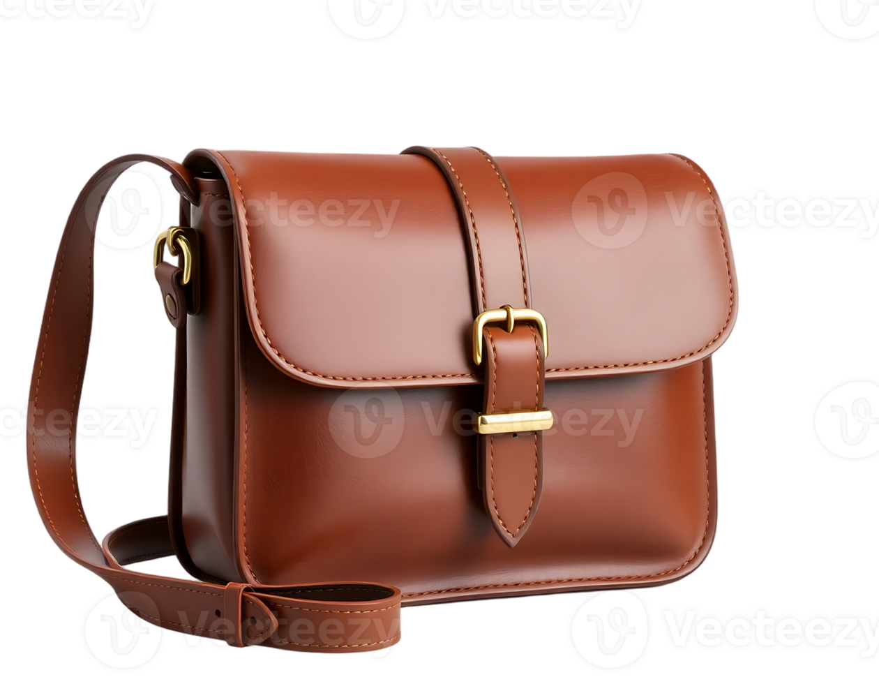 Elegant Brown Leather Satchel with Gold Buckle png