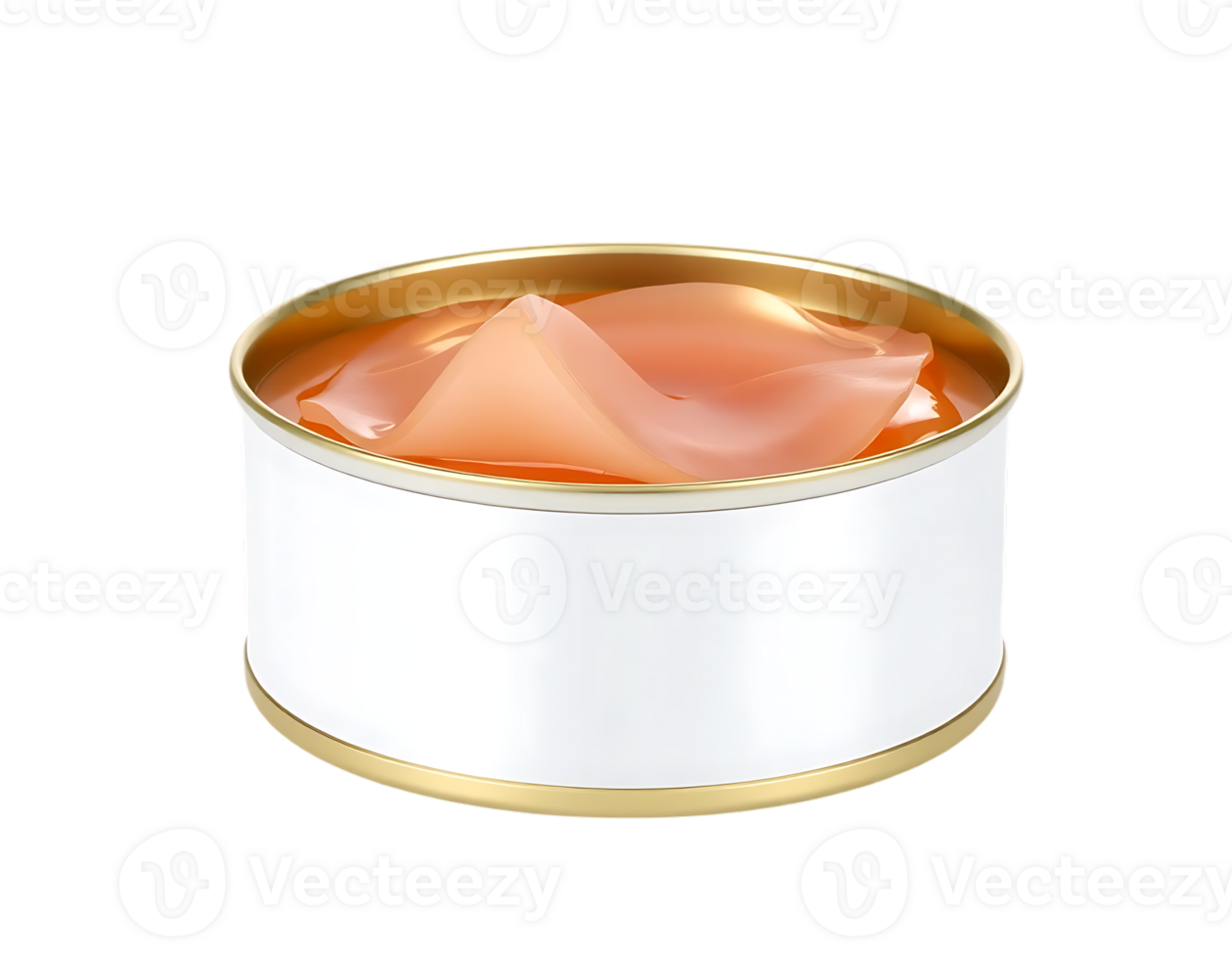 Open can of wet cat food with salmon chunks, isolated on transparent background png
