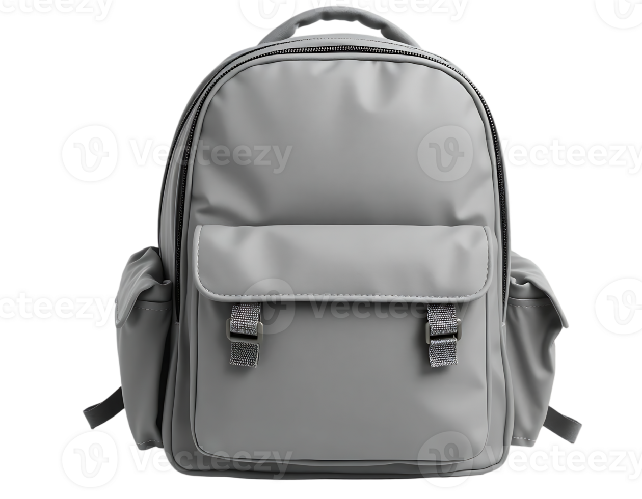 A stylish, grey backpack with a flap and multiple pockets. png