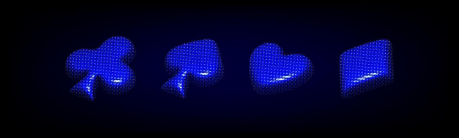 Glowing blue Suits of Playing Cards in Blue Neon Light on the black background. Cyber Design in y2k style and 90s . 3D Rendered Card Suits Clubs, Spades, Hearts, and Diamonds in halftone style vector