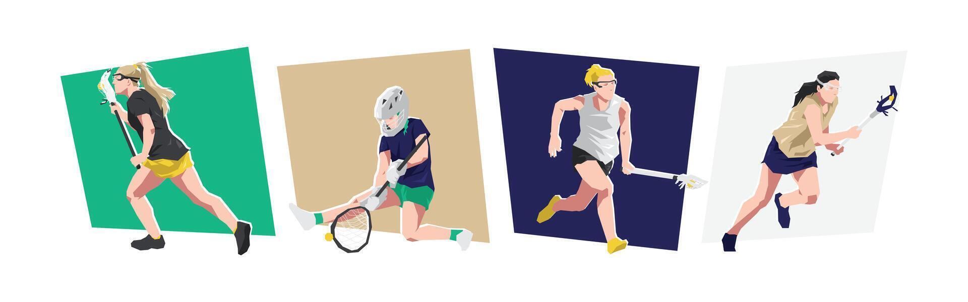 Female lacrosse athlete characters. Different action, pose. Cartoon flat illustration. vector