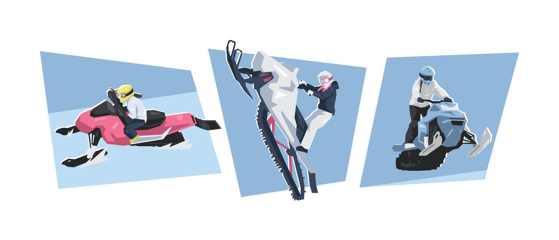 Female snowmobile rider characters. Winter sport, racing, vehicle. Flat illustration. vector