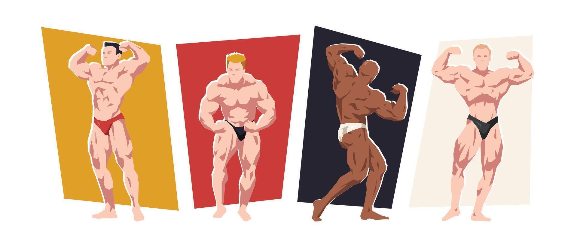 Male bodybuilding character set. Gym, fitness, competition. Flat illustration. vector