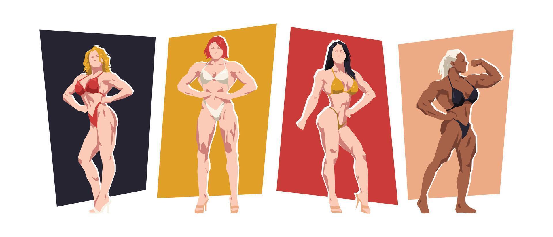 Female bodybuilding character set. Gym, fitness, competition. Flat illustration. vector