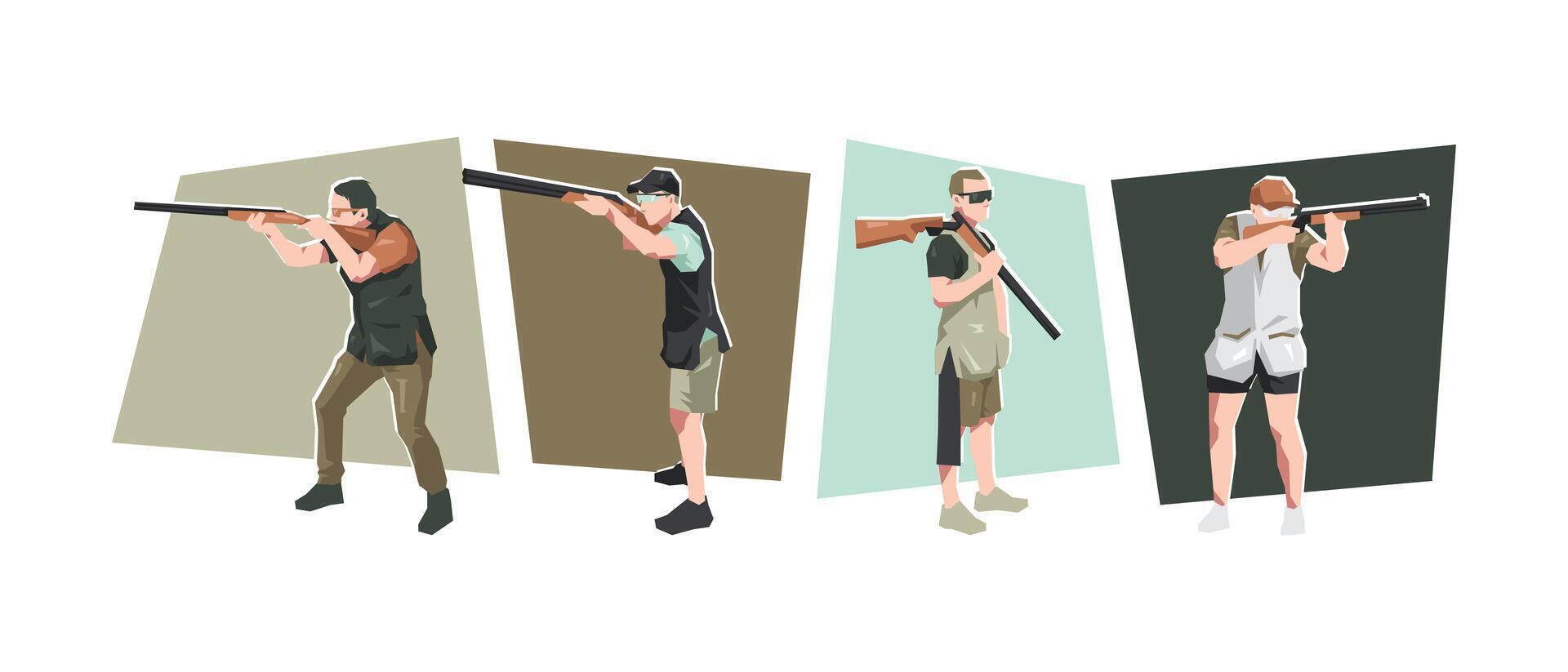 Shotgun shooting male athlete character set. Skeet shooting, clay target, hunting. Flat illustration. vector