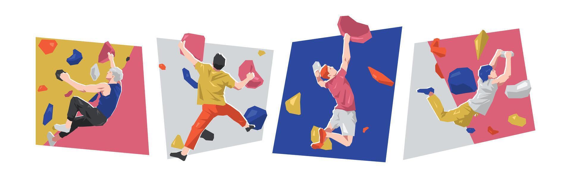 Male characters doing bouldering, wall climbing. Extreme sport. Flat illustration. vector