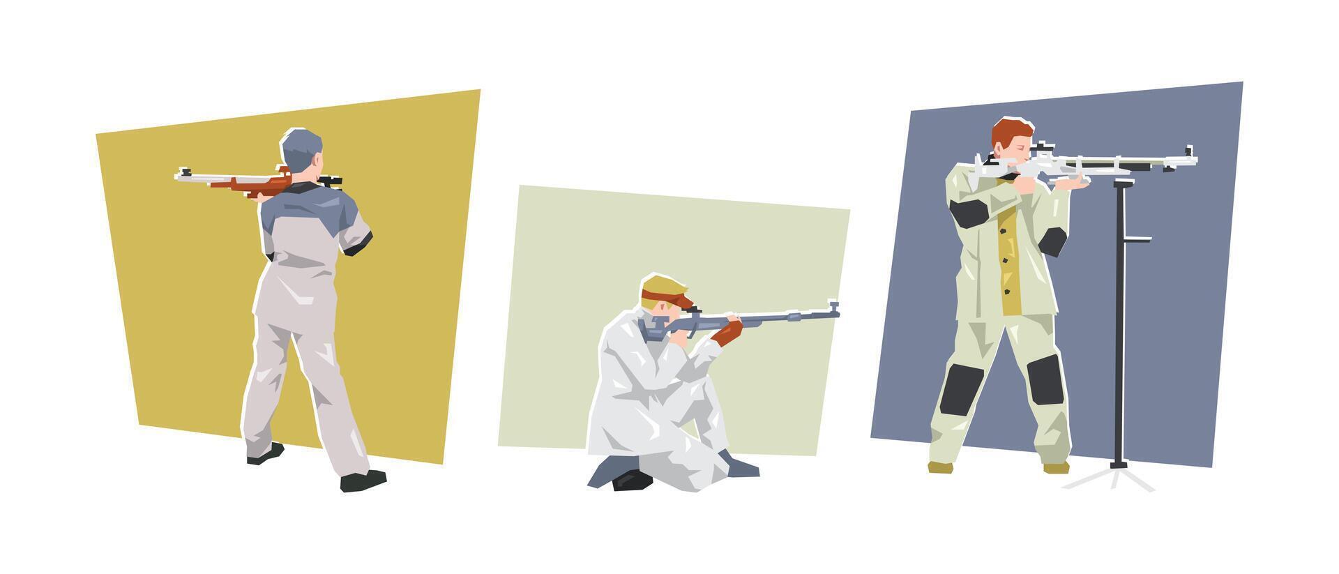 Rifle shooting male athlete character set. Competition, shooting sport. Flat illustration. vector