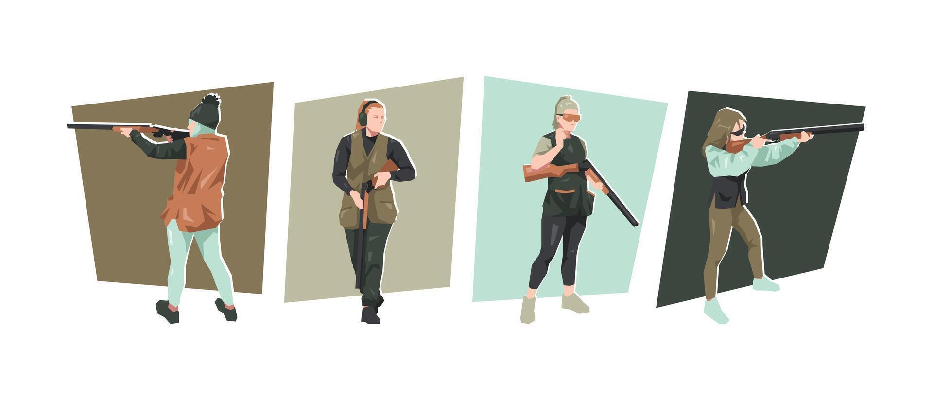 Shotgun shooting female athlete character set. Skeet shooting, clay target, hunting. Flat illustration. vector