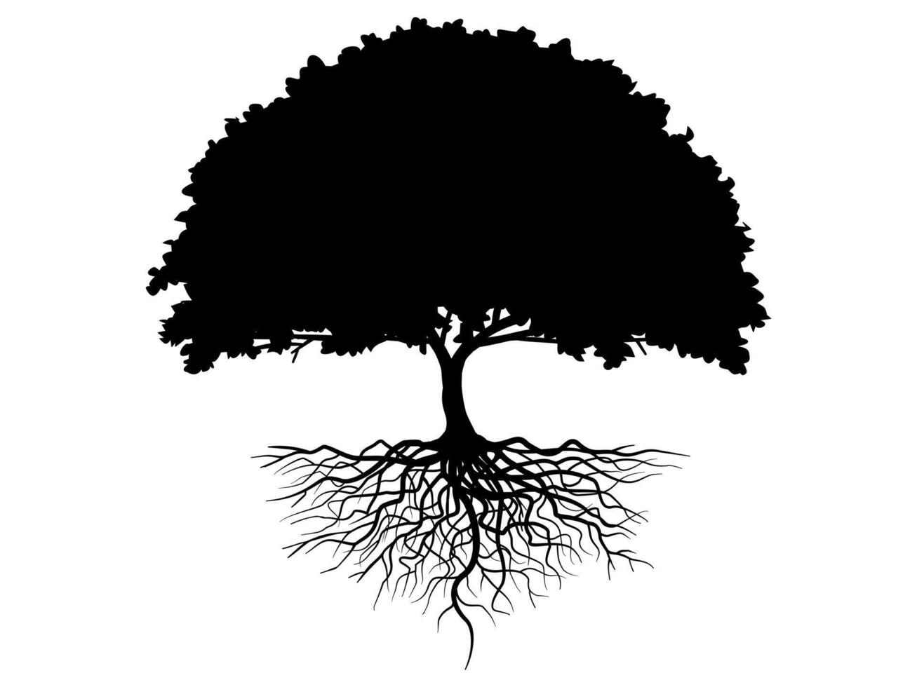 Black Tree and roots with leaves silhouette logo or icon style. vector
