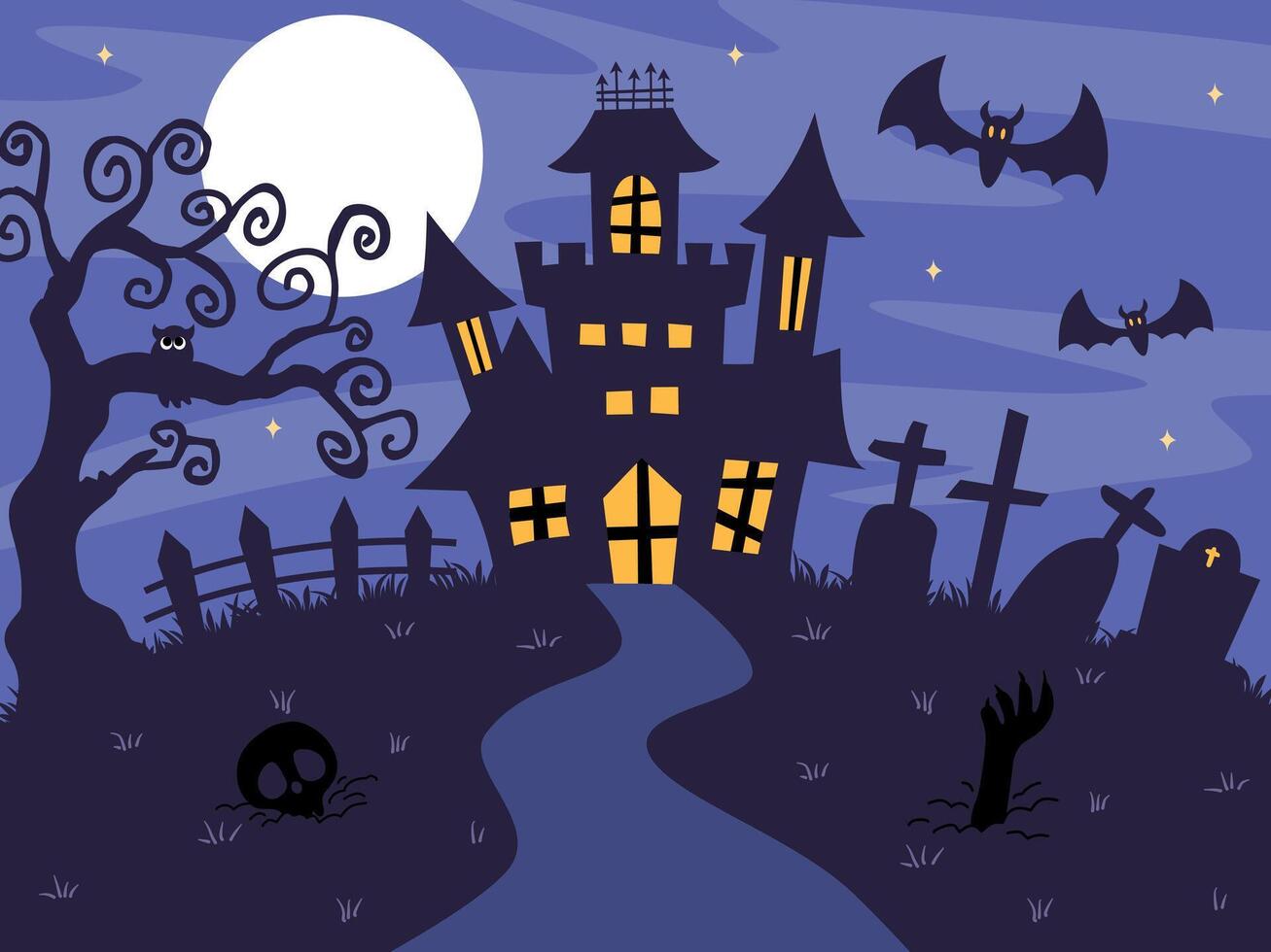 Halloween background or banner concept with castle, graveyard and bats. vector