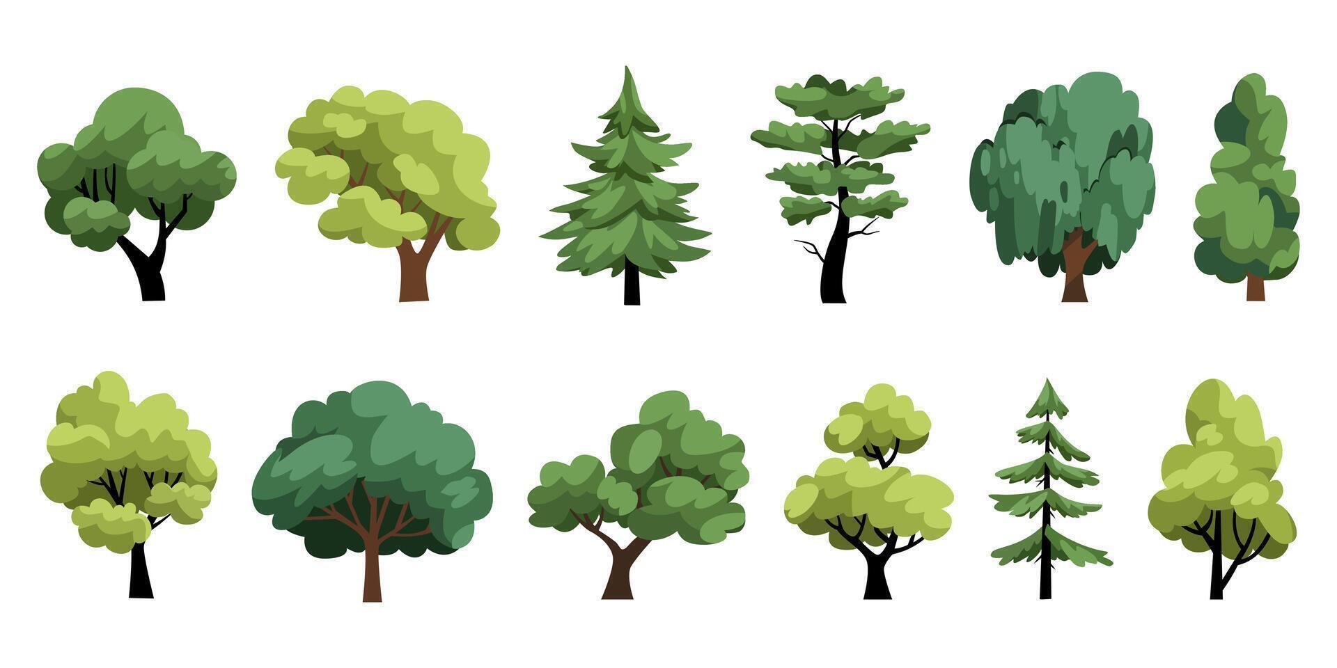 Collection of flat green trees Icon. cartoon and hand drawn style. vector