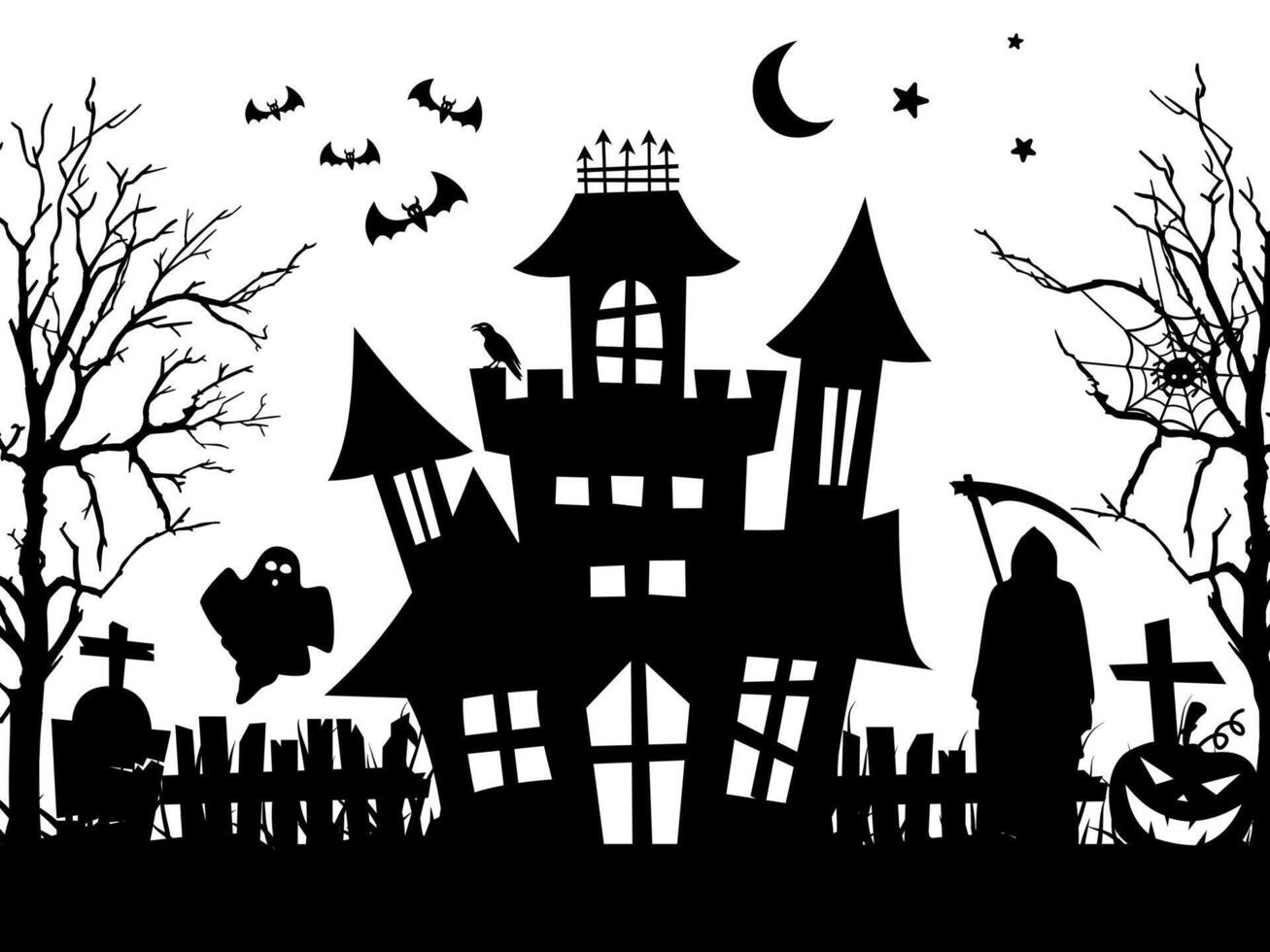 Halloween haunted house silhouette with bats and graveyard, spooky scary castle for Halloween decoration, party invitation, poster, greeting card, black illustration. vector