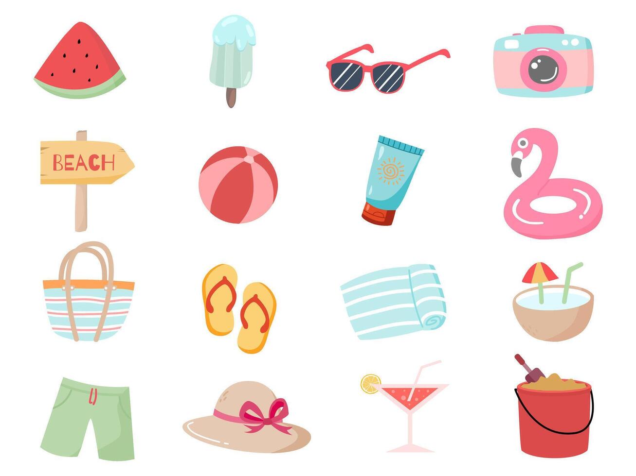 Summer icons set. Holiday beach elements for tropical vacation. Minimalist geometric style. vector