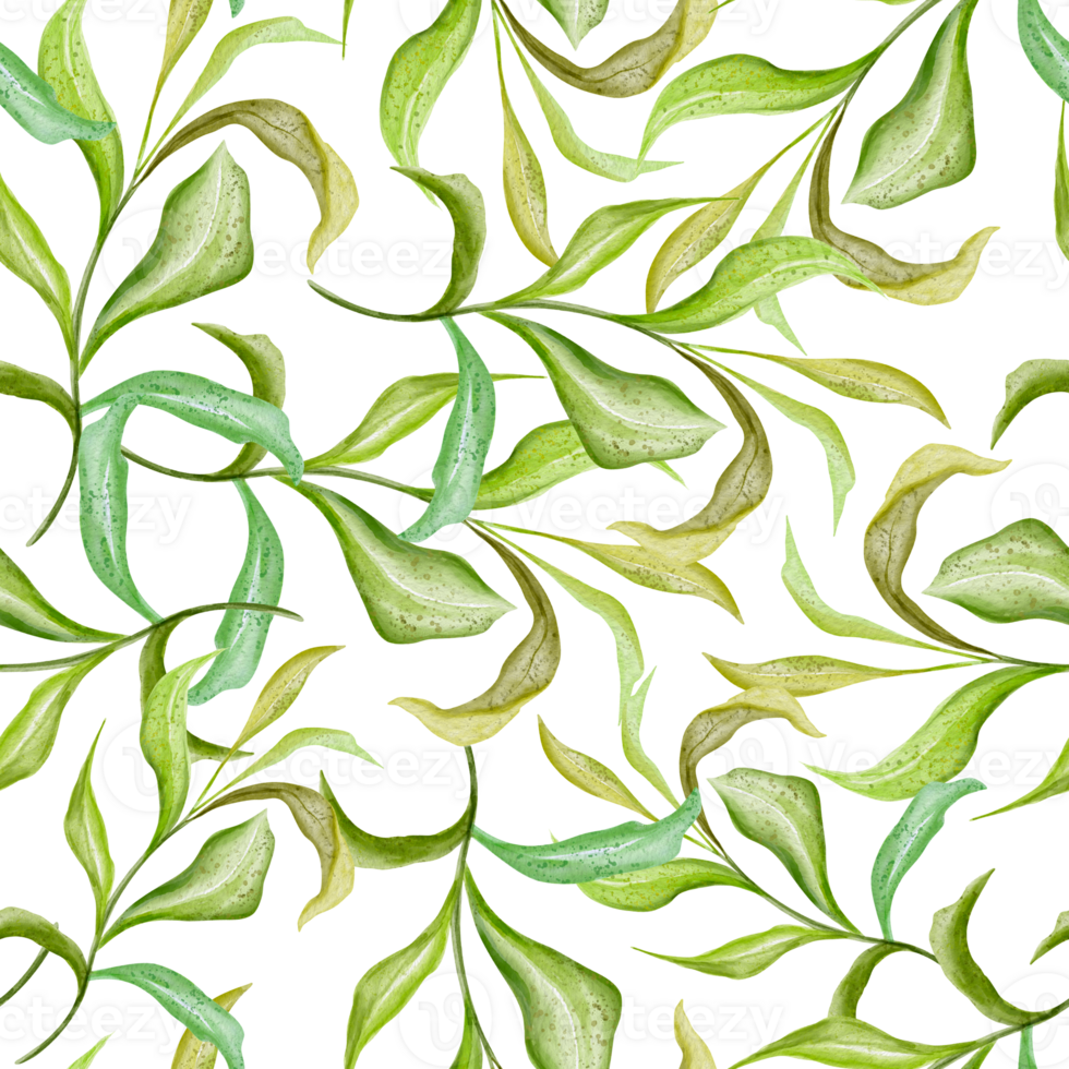 Abstract green leaf Seamless Pattern. Repeated Ornament Evergreen Variegated Plant with Exotic Flowers. Botanical Watercolor Print. Watercolor hand drawn png